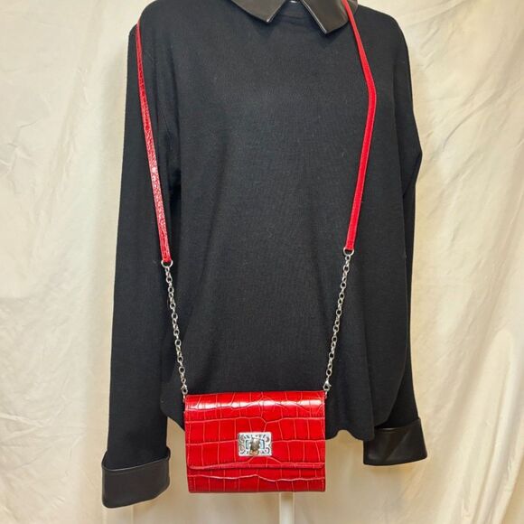 Brighton Lipstick Red Croc Leather Crossbody Bag Womens Chain Designer Purse - Picture 1 of 12